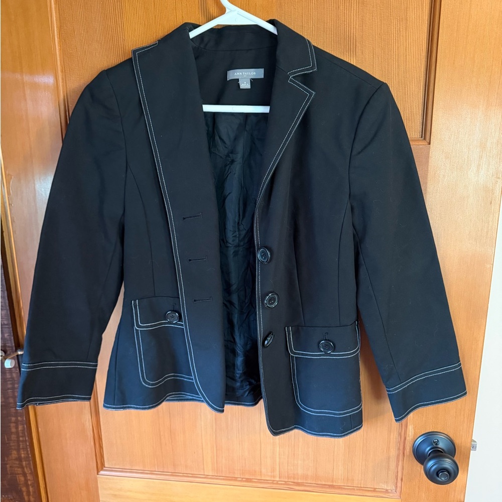 Ann Taylor Black Suit Jacket and Pencil Skirt with White Topstitching Business